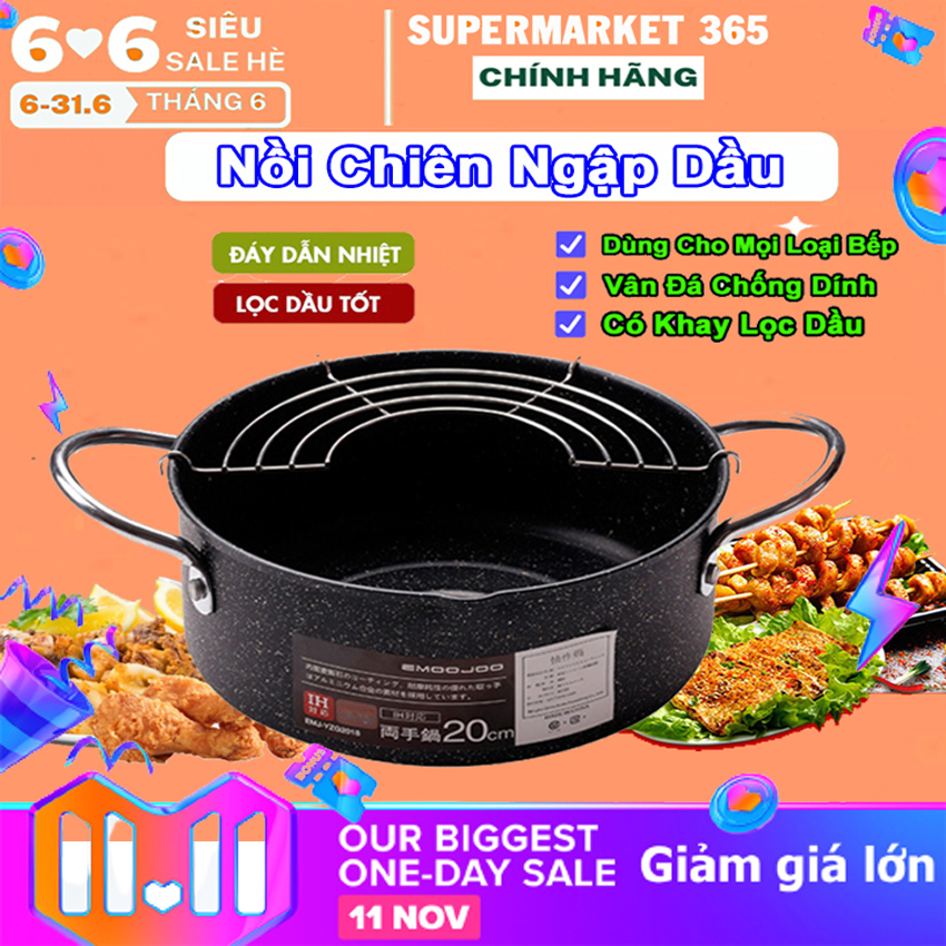 Nồi chiên ráo dầu, nồi chiên đa năng, nồi chiên lọc dầu, nồi chiên ngập dầu, Vân Đá Chống Dính, Nồi Chiên Size 20cm Có Khay Ráo Mỡ Vân Đá Siêu Bền, chảo chiên rán thực phẩm, nồi chiên không khói, tiện lợi