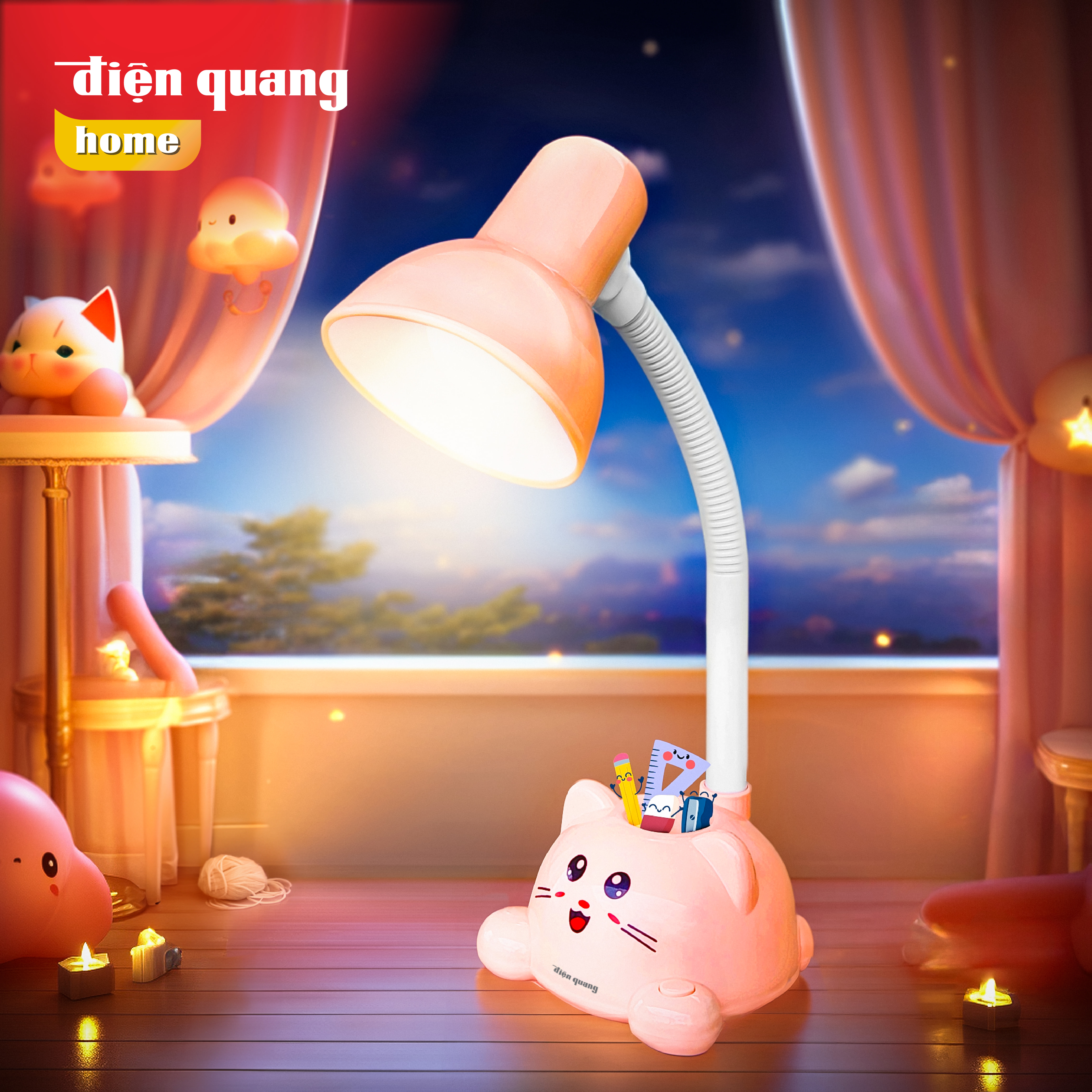 Đèn bàn bảo vệ thị lực ĐQ DKL19 (Con mèo, Hộp cắm bút, Bóng led Buld, cắm điện trực tiếp)