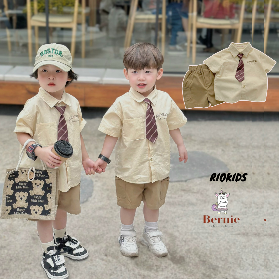 BE172 Áo sơ mi quần đùi cà vạt nâu tây BERNIE, bộ quần áo thời trang é trai phong cách