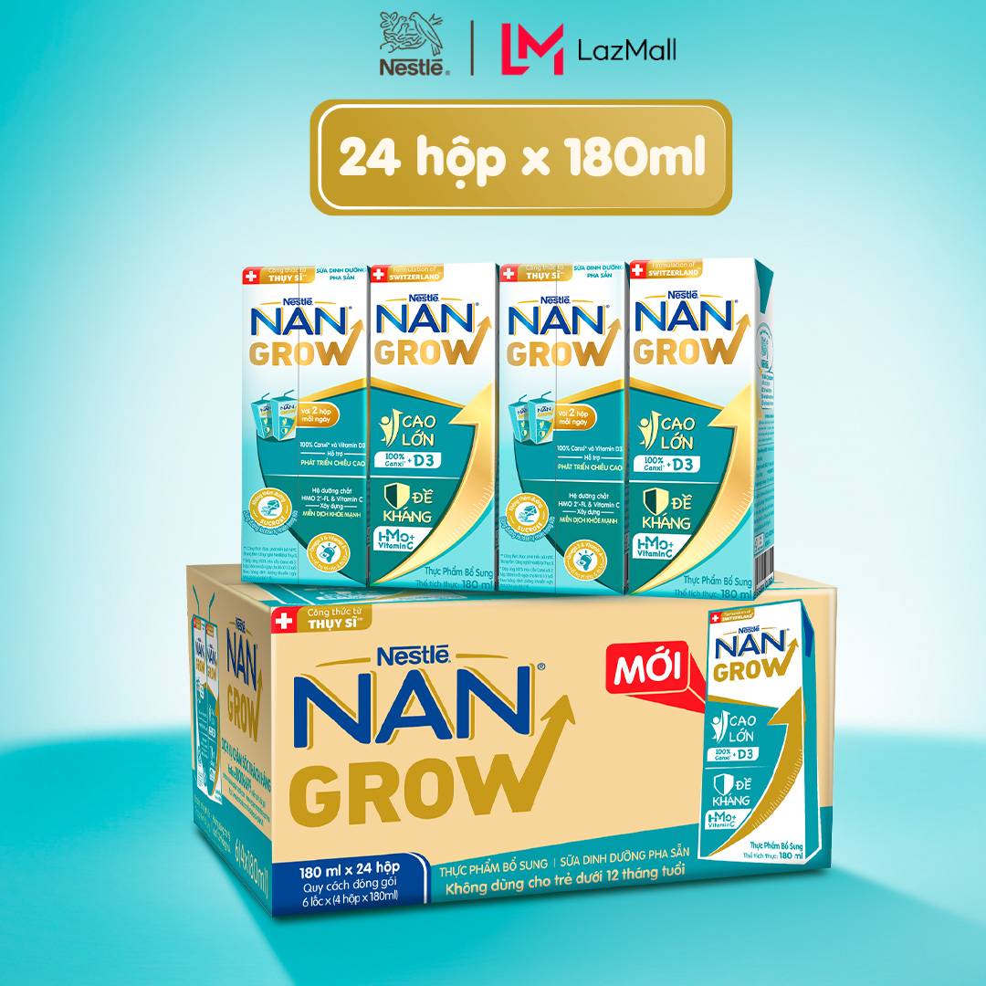 [Chỉ 11.06 QT Đơn 599K/999K/1299K] Thùng 24 hộp Sữa Dinh Dưỡng Pha Sẵn Nestlé NANGROW 180ml cho bé trên 1 tuổi - Sữa nước vị nhạt thanh mát hỗ trợ Tăng cân, chiều cao, đề kháng, phát triển trí não công thức từ Thụy Sĩ