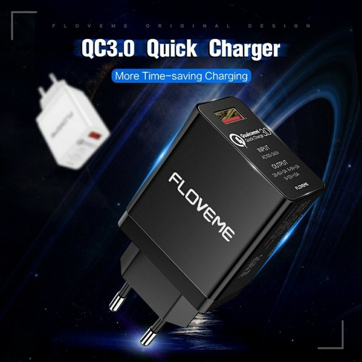 Củ sạc nhanh quick charge 3.0 Floveme JYX-218-QC thông minh dùng chip qualcomm tự chỉnh điện áp từ 3.6v-12v và dòng điện từ 1.5a-3a giúp sạc điện thoại ip, iphone, máy tính bảng ipad của apple, xiaomi, samsung, oppo nhanh gấp 4 lần sạc thường.