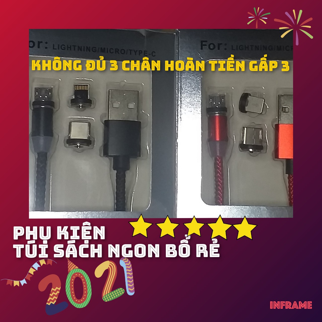 Cáp sạc nam châm xoay 360độ dành cho iphone + samsung + usb type c - bọc dù