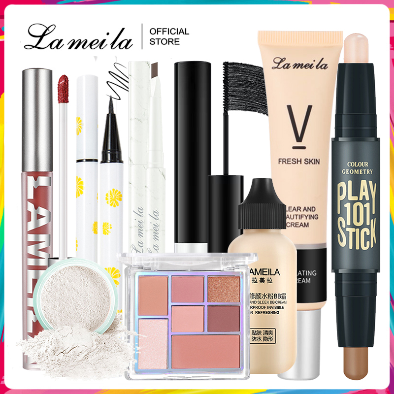 Bộ trang điểm cá nhân LAMEILA 9 món tiện lợi Kem BB che khuyết điểm + Phấn phủ + Phấn mắt + Mascara + Chì kẻ mày + Kem Lót Cách Ly Kem + Son kem+bút tạo khối 2 đầu + Bút dạ kẻ mắt bộ makeup đầy đủ set trang điểm