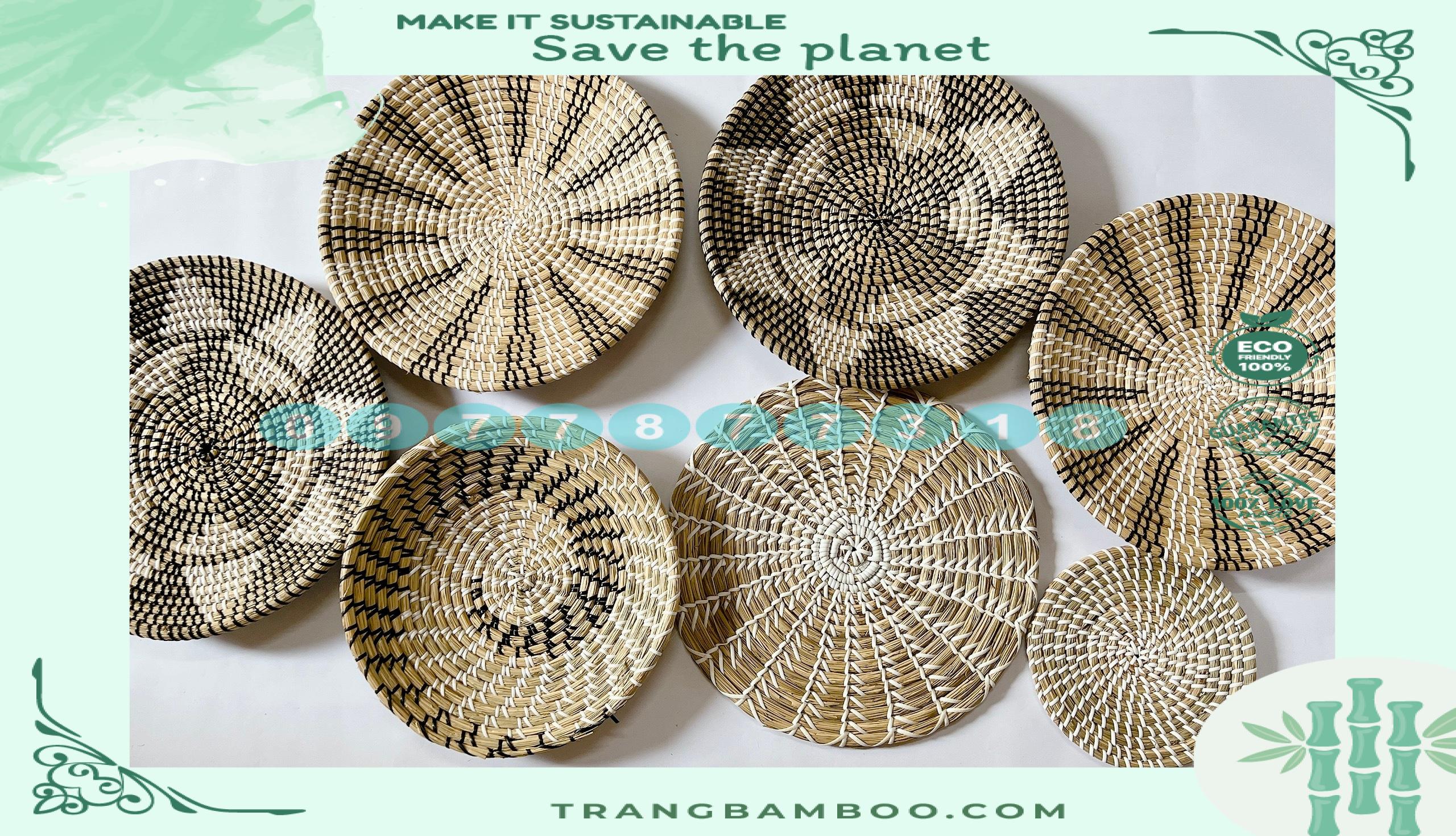 SET Đĩa cói, Decor trang trí cho nhà ở, Khách sạn, Chung cư cao cấp, Homestay,et of 3 Wall Hanging Seagrass Shallow Handwoven Southwestern Decorative Baskets for Green Home