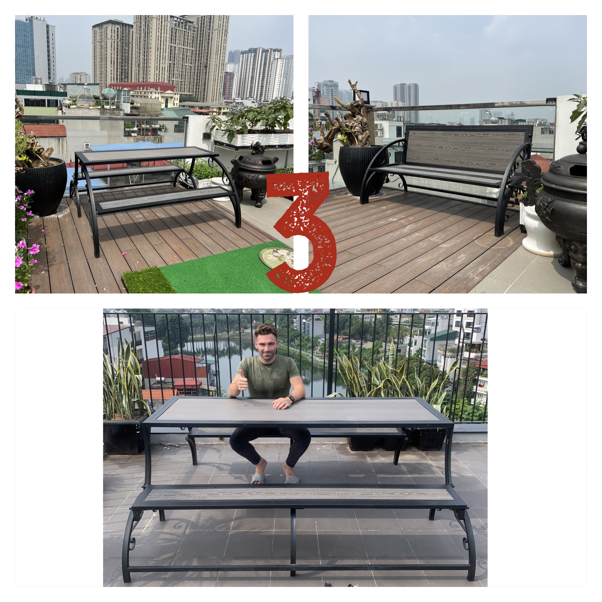 Ghế sân vườn thông minh Juno Sofa mở thành bàn ghế đôi mặt bàn nhựa composite