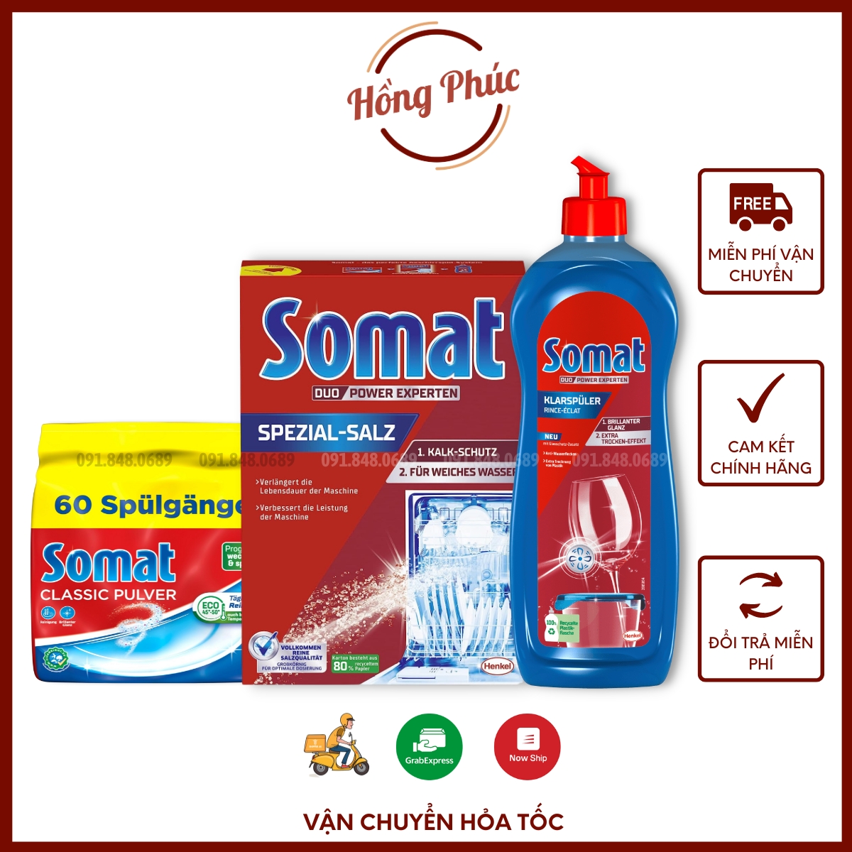 Combo bột rửa bát Somat 1.2kg, muối hạn chế đóng cặn Somat 1.2kg, nước làm bóng Somat 750ml hàng nhập khẩu Đức