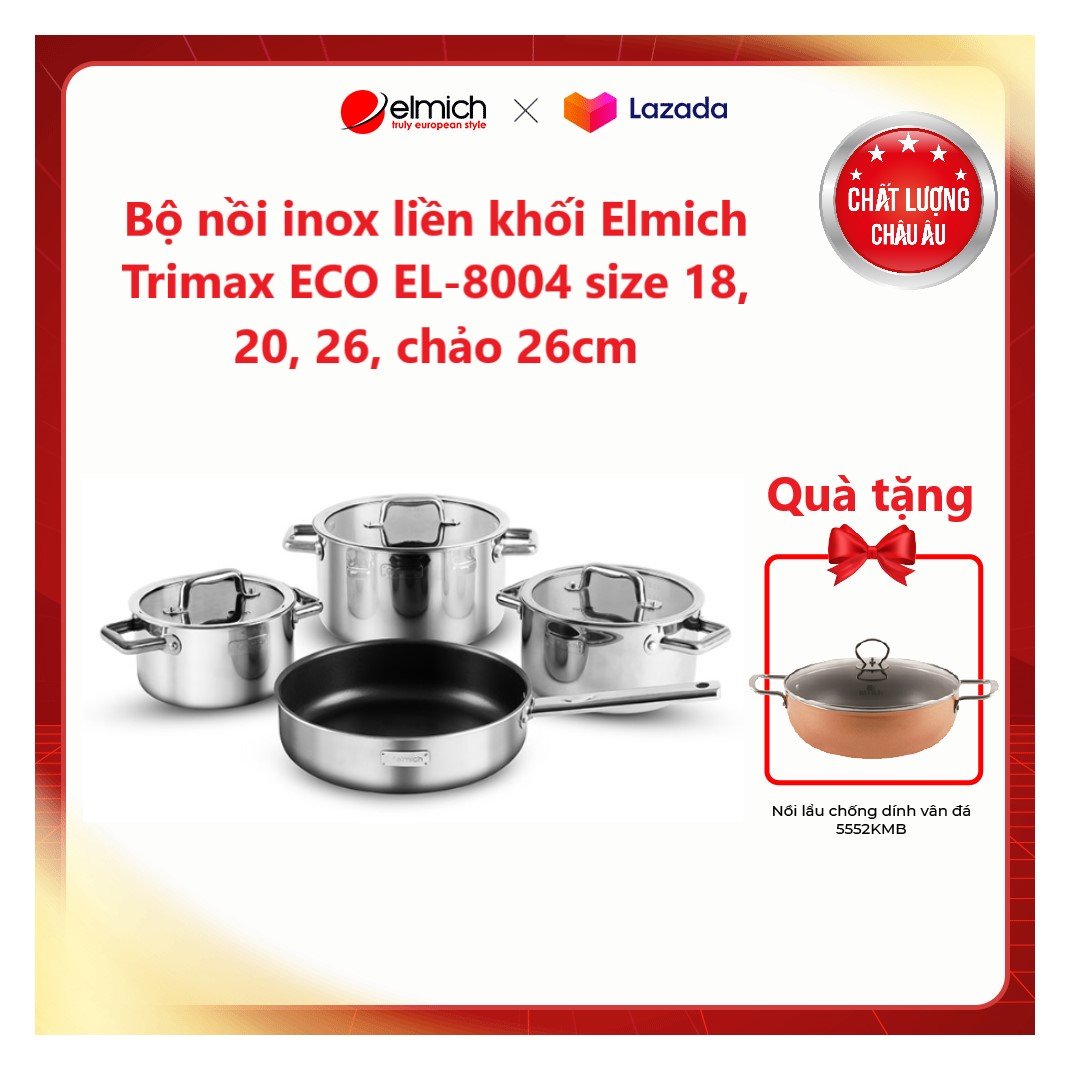Bộ nồi inox liền khối elmich trimax eco el-8004 size 18, 20, 26, chảo 26cm