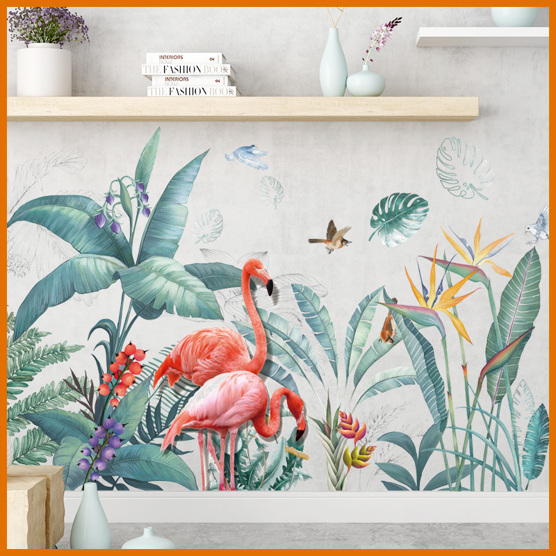 Decal dán tường hạc hồng và khóm chuối rừng nhiệt đới