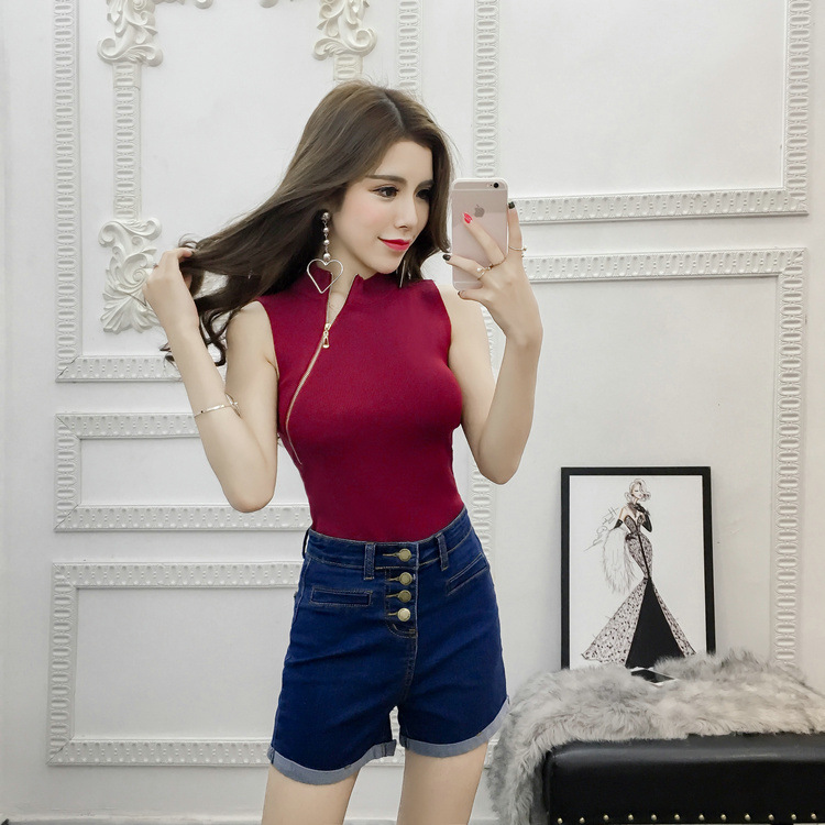 Áo thun len dệt kim sát nách khóa kéo - hàng quảng châu
