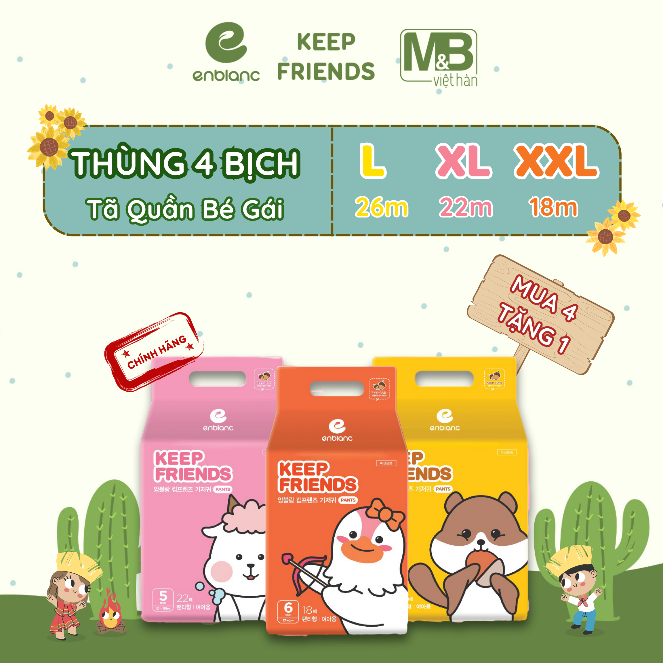 Thùng 4 bịch tã bỉm quần hàn quốc enblanc keep friends cho bé gái size l26, xl22, xxl18 siêu mỏng nhẹ, chống tràn, mềm mại