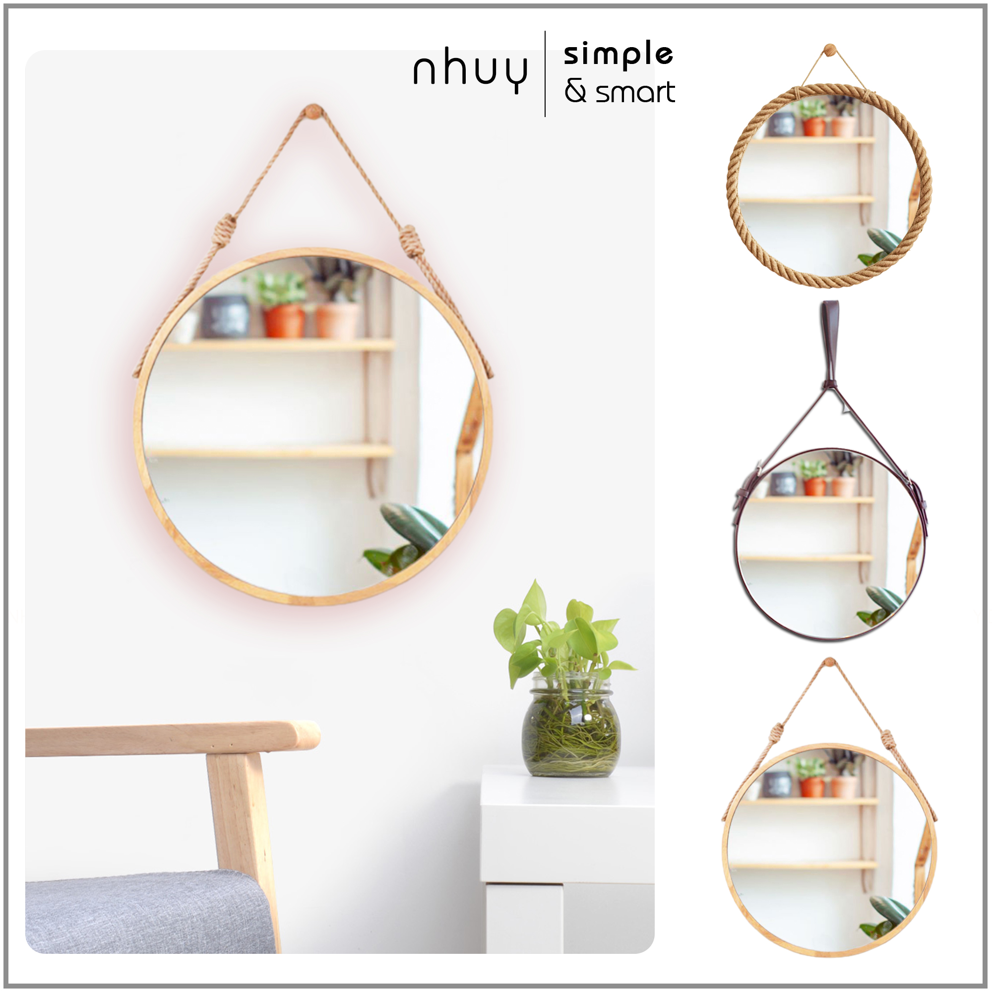 Gương tròn treo tường viền gỗ , gương treo decor full phụ kiện trang trí nhà tắm, phòng khách kích thước tự chọn, sang trọng