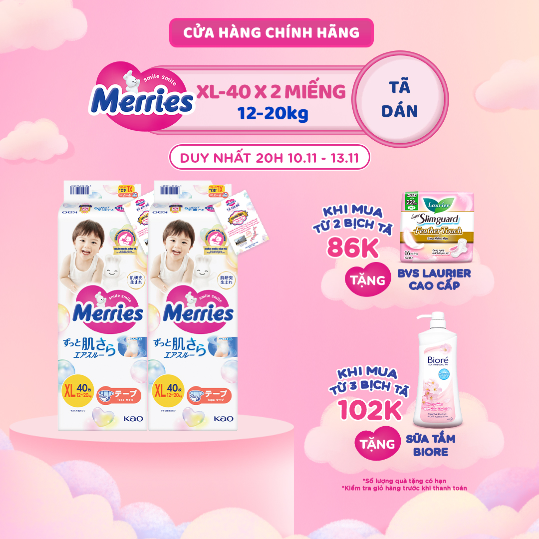 Combo 2 Tã/bỉm dán Merries Đủ Size NB76/S70/M56/L48/XL40