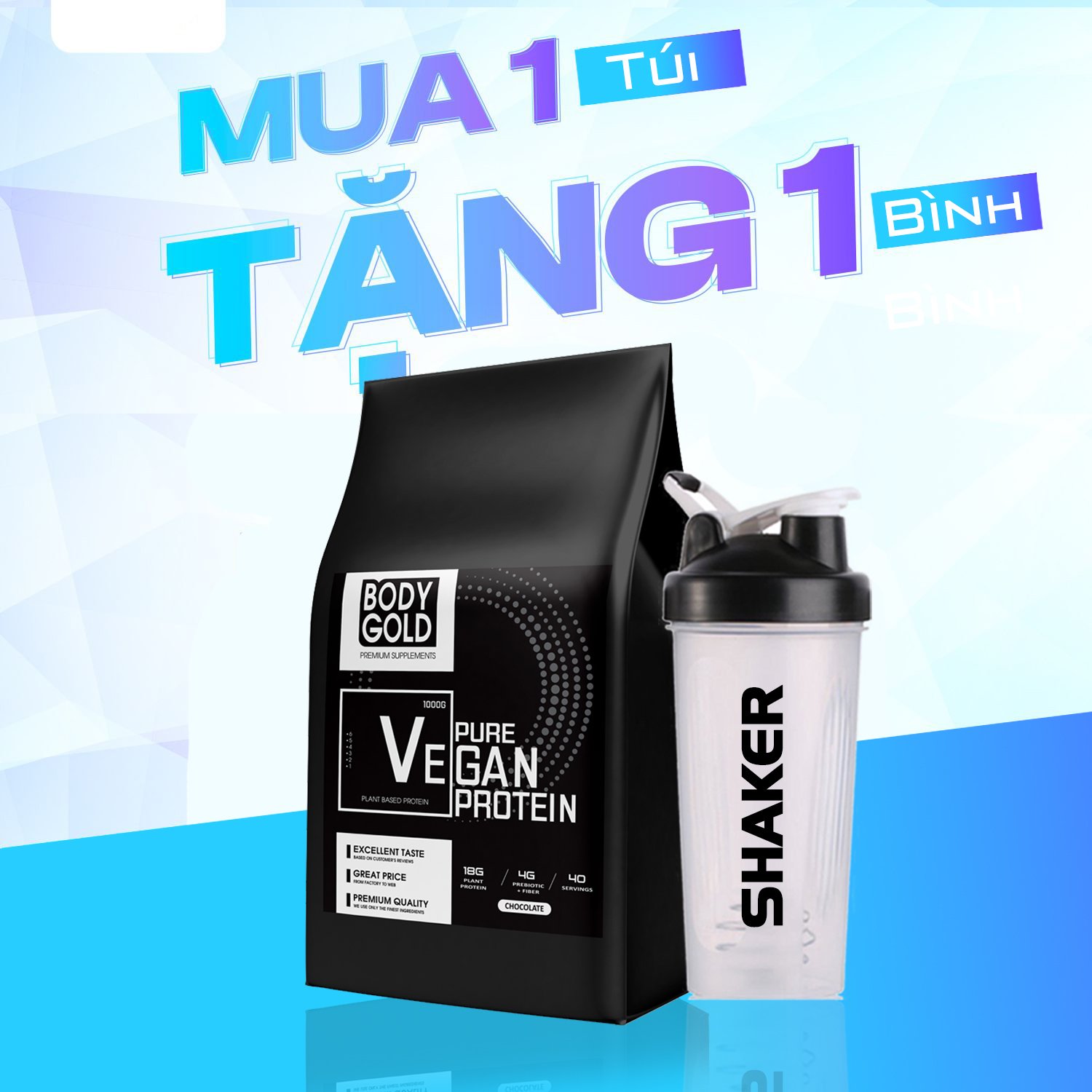 Sữa tăng cơ whey thực vật vegan pro body gold 1kg - tặng bình lắc