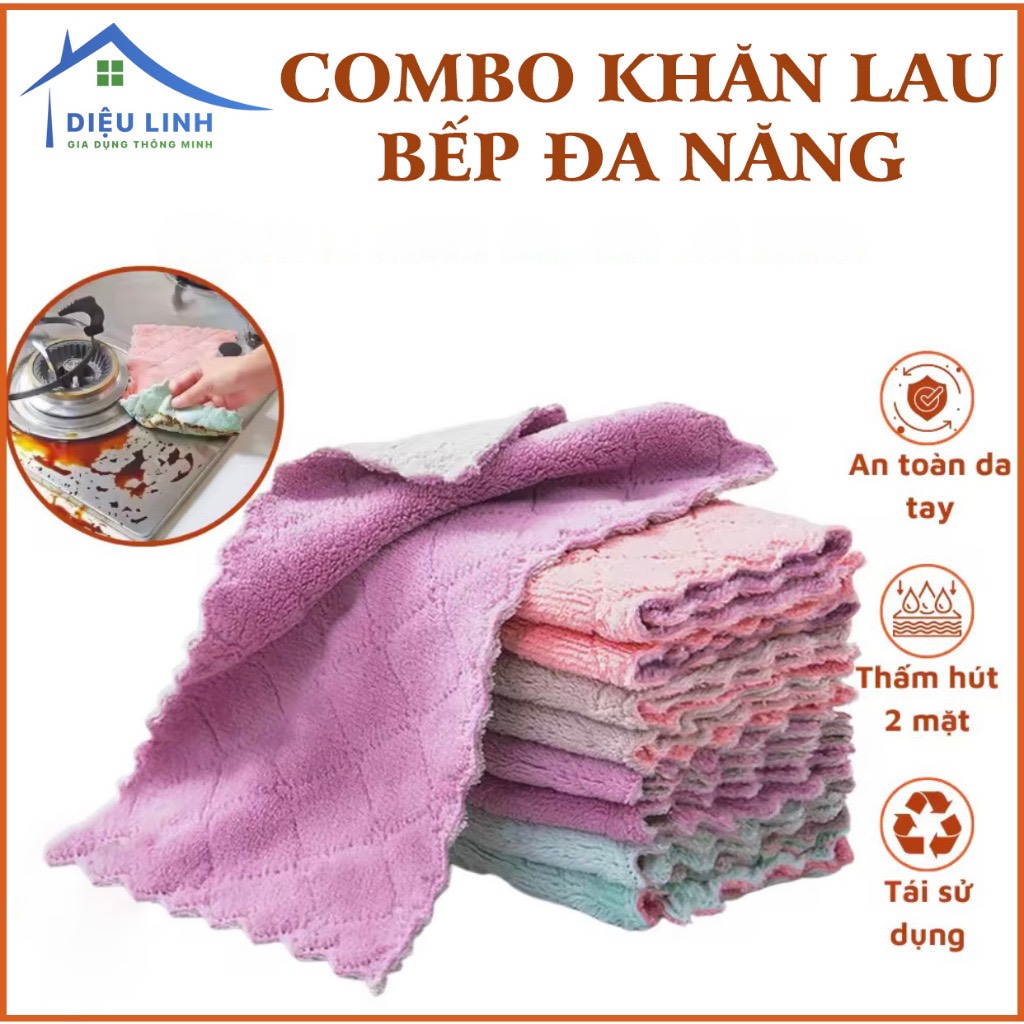 Khăn lau bếp, khăn , khăn lau Set 10 Khăn Lau Đa Năng 2 Lớp Siêu Thấm Hút Mềm Mại MẪU CƠ BẢN size 19.5 x 14cm dieulinhshop