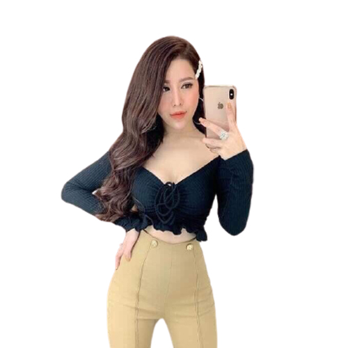 [HCM]Áo croptop kiểu nữ rút dây giữa ngực tay dài thời trang xuân hè phù hợp đi chơi đi làm Av 090