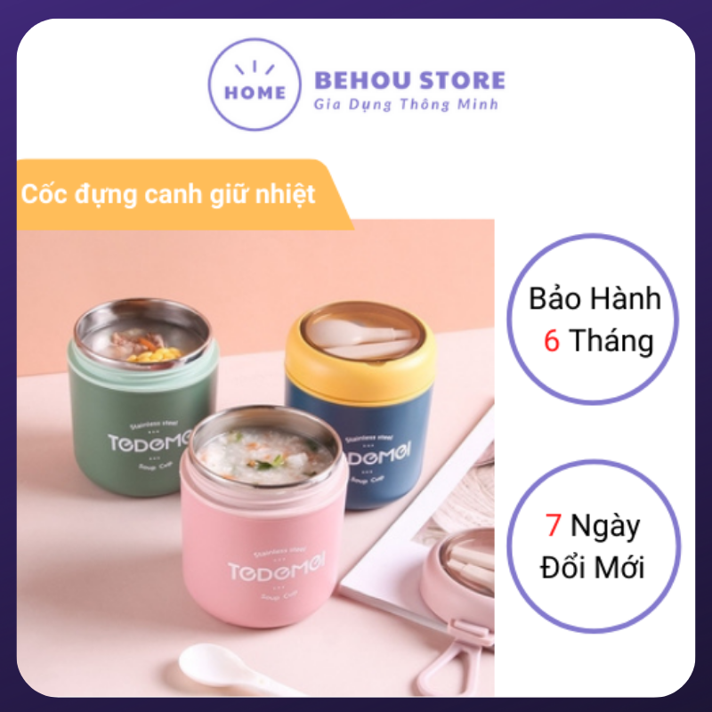 Bình ủ cháo giữ nhiệt, cốc đựng canh, ủ cháo Tedemei chất liệu Inox 304, có kèm theo muỗng siêu tiện lợi, dung tích 530ml