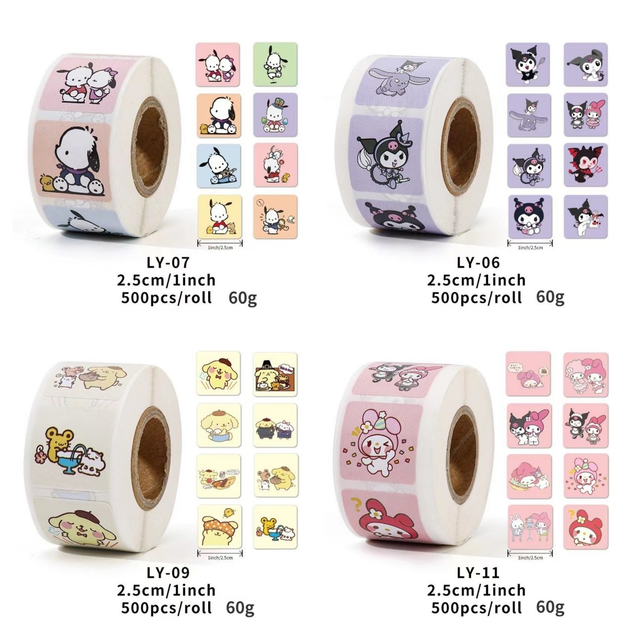Cuộn 500 tem Sticker vuông Sanrio dễ thương - 2.5cm