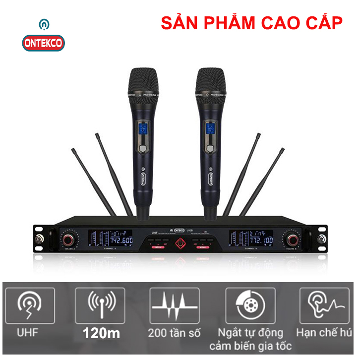 Micro Không Dây Cao Cấp ONTEKCO U10b Vỉ To, đầu thu 4 , Cảm Biến Tự Ngắt, Sóng Xa, Tiếng Sáng, Dày Và Trầm Ấm, Hút Âm, Chống Hú, Màn Hình LCD, Karaoke Gia Đình, Sân Khấu, Đầy Đủ Phụ Kiện