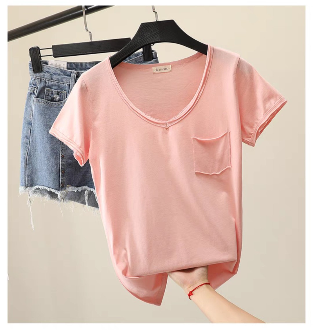 Áo thun thái cổ tim hàng cao cấp phối túi vải cotton mịn mát mùa hè