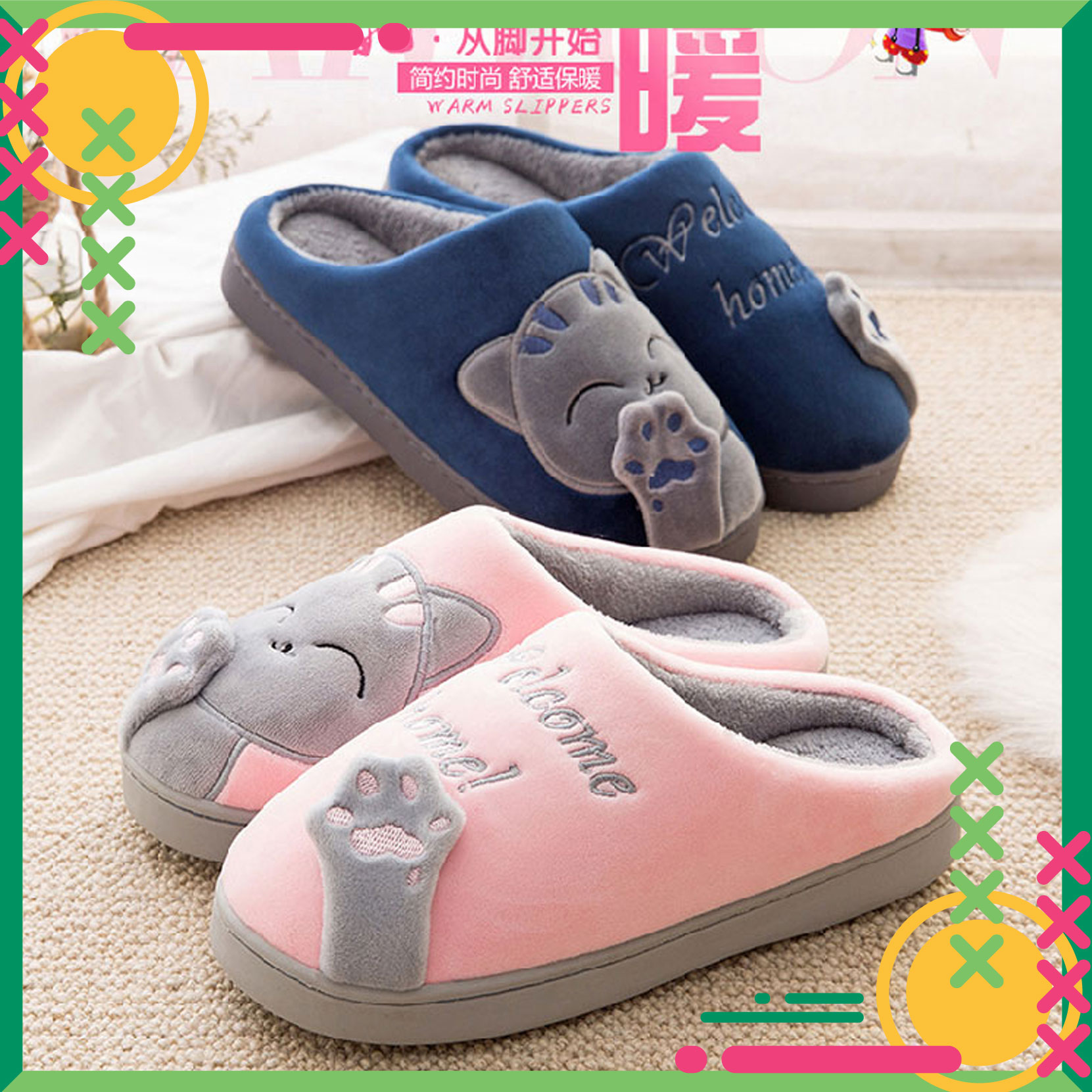 [HCM]DÉP LÔNG ĐI TRONG NHÀ HỌA TIẾT MÈO CON SIÊU ĐÁNG YÊU ĐẾ CAO SU DẺO DÀY CHỈ MAY CỰC CHẮC CHẮN