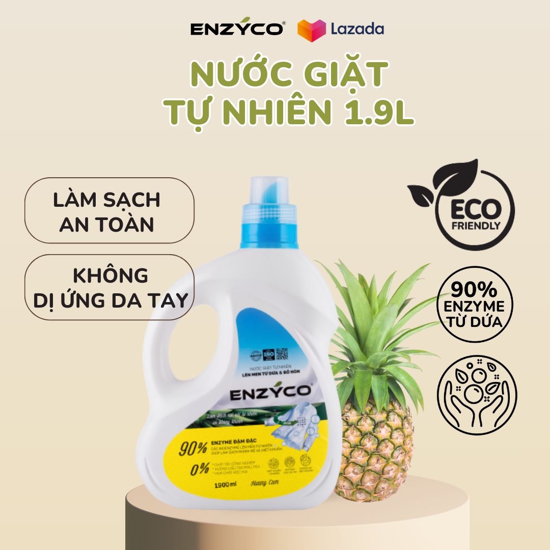 Nước giặt sinh học ENZYCO chai 1L9 - 90% Enzyme từ dứa thân thiện môi trường, 0% chất tẩy công nghiệp, hương liệu tạo màu, mùi, hóa chất độc hại - Hương cam