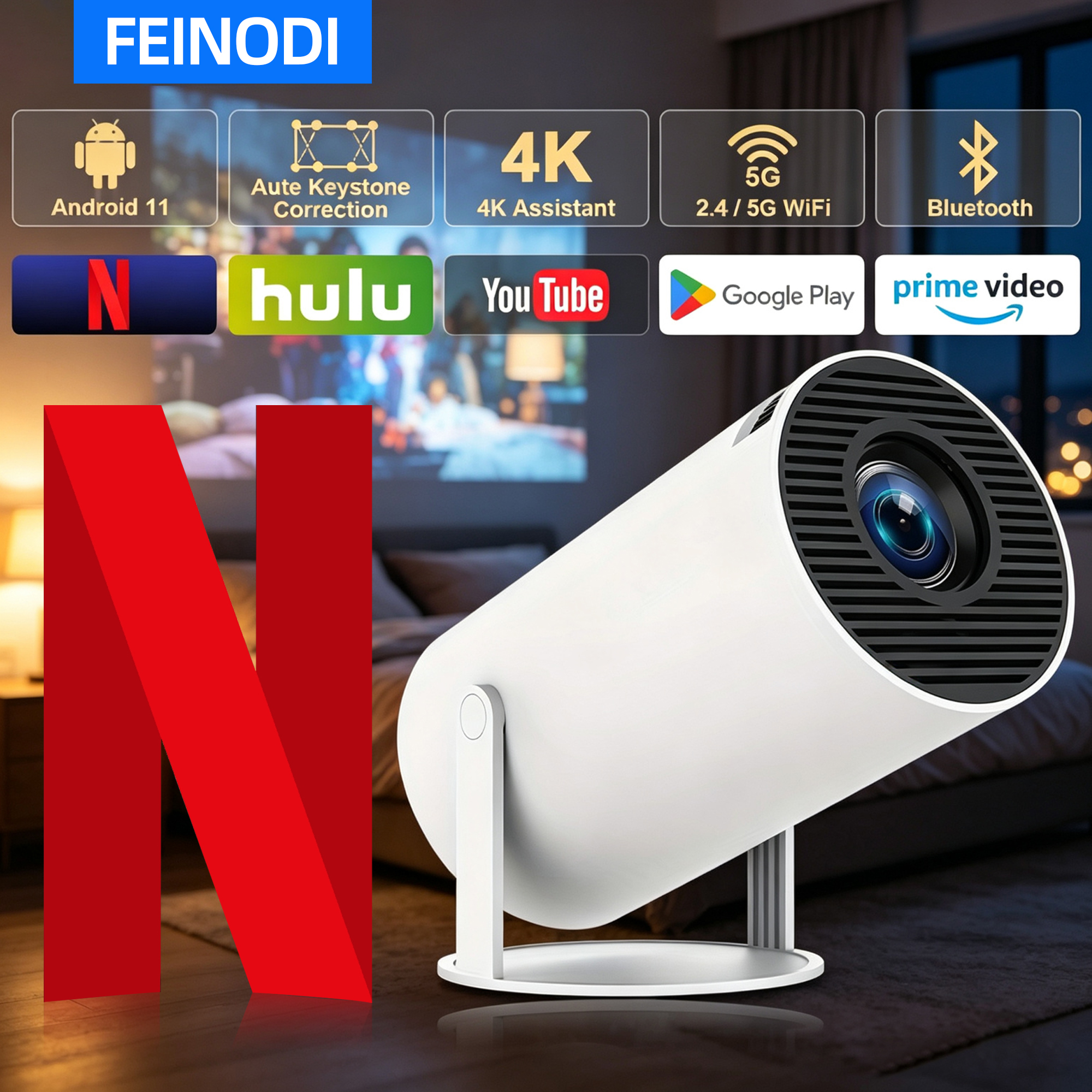 Hy300 Hd Mini Projector - Compatible with Android 11, Supports 4K Video Playback, Native Resolution 1280X1080P, Wi-Fi 5.0, 180-Degree Adjustable Viewing Angle ° Low Noise, Portable Design, Includes Remote Control, Giving You a Home Cinema Experience.