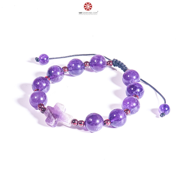 Vòng Chuỗi Mân Côi Thạch anh tím 10mm phối Garnet kiểu thắt mala