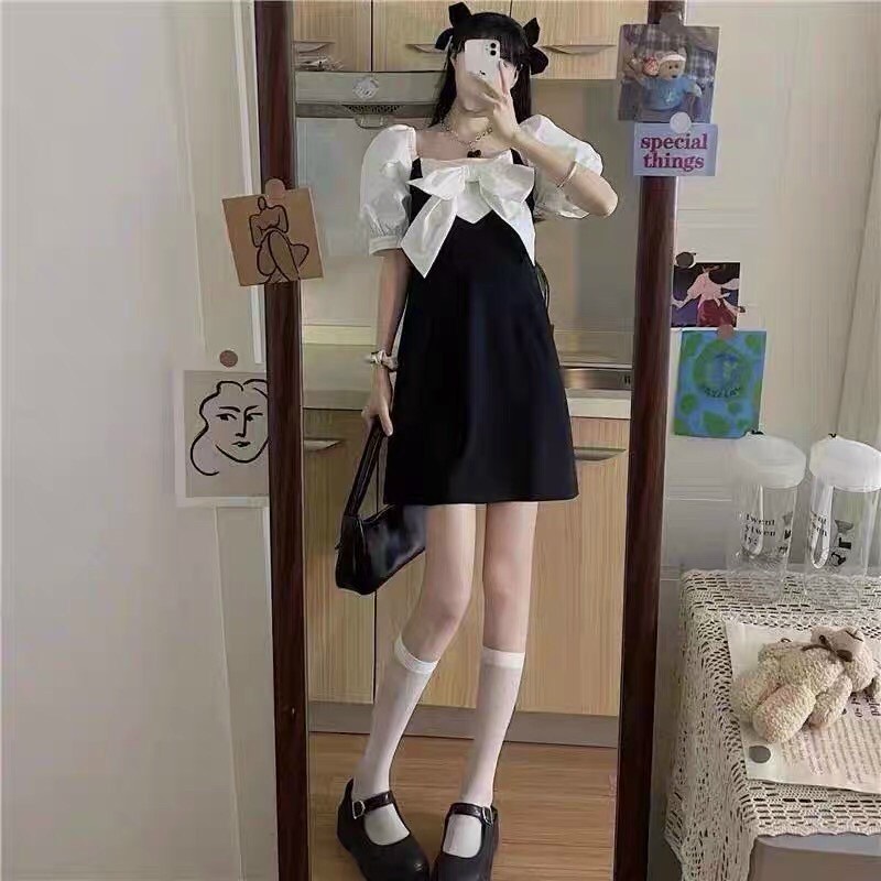 Đầm nữ sinh hàn dáng suông phối tay phồng cổ nơ dễ thương