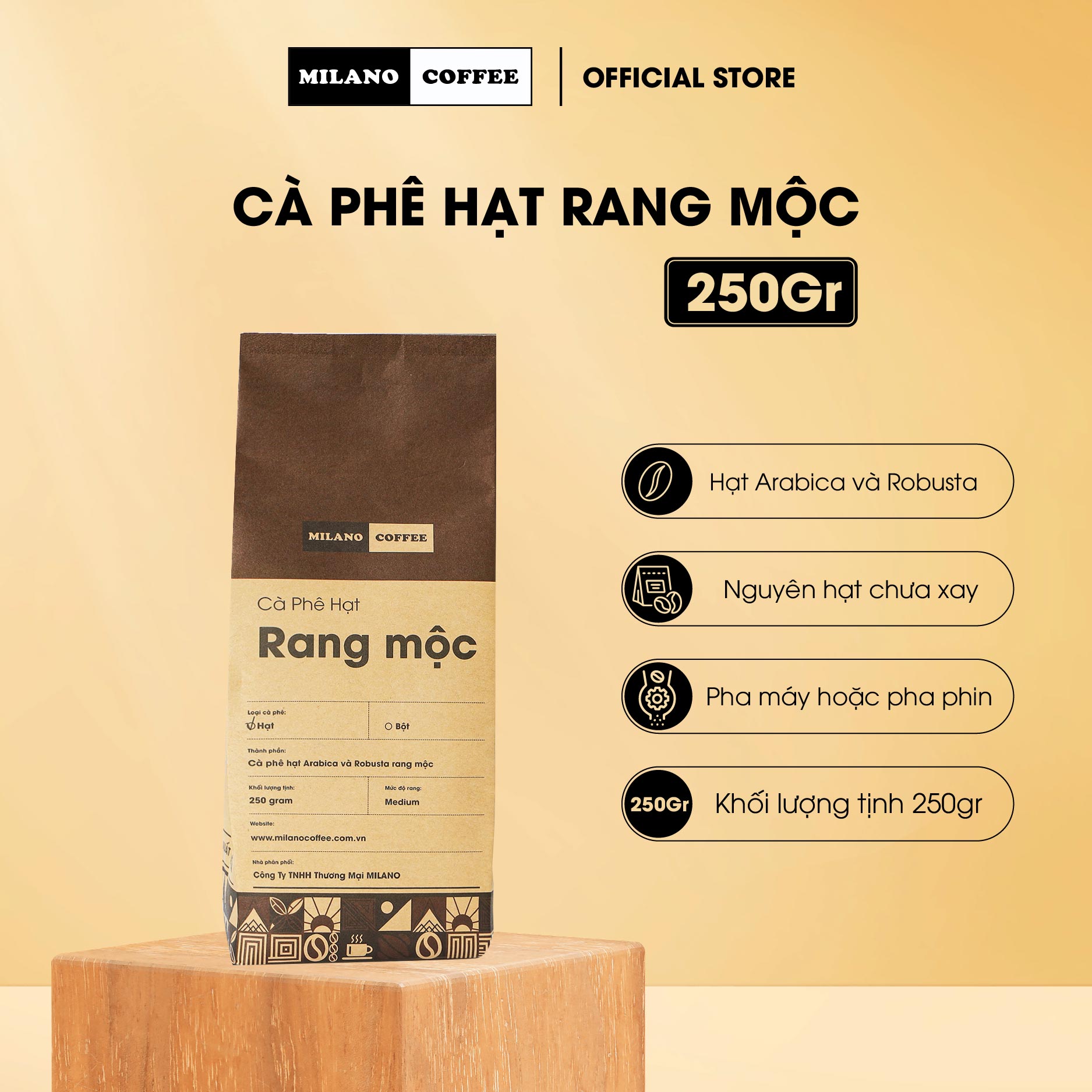 Cà phê hạt rang mộc nguyên chất 100% milano coffee 250gr