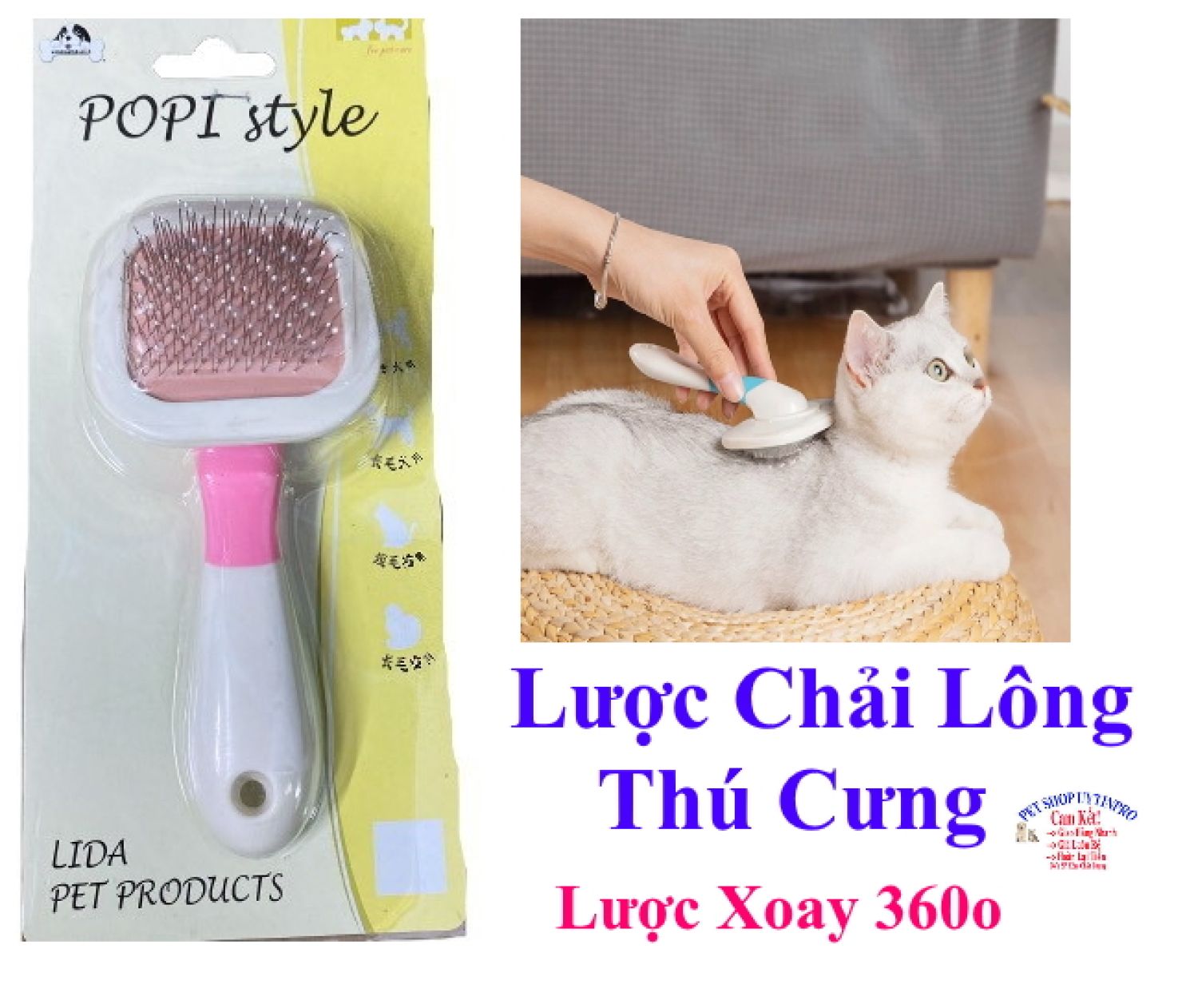Lược chải lông cho pet thú cưng chó mèo kiểu chấm bi lược xoay tròn 360 độ dài 15cm thương hiệu popi style - pet shop 24