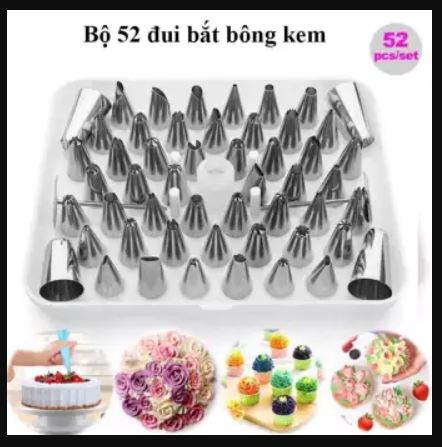 Bộ trang trí bánh kem, bộ 52 đuôi bắt bông kem bao gồm 4 đui bắt kem cỡ lớn; 48 đui bắt kem cỡ nhỏ; 2 dù bắt kem; 1 chốt giữ đui loại to.