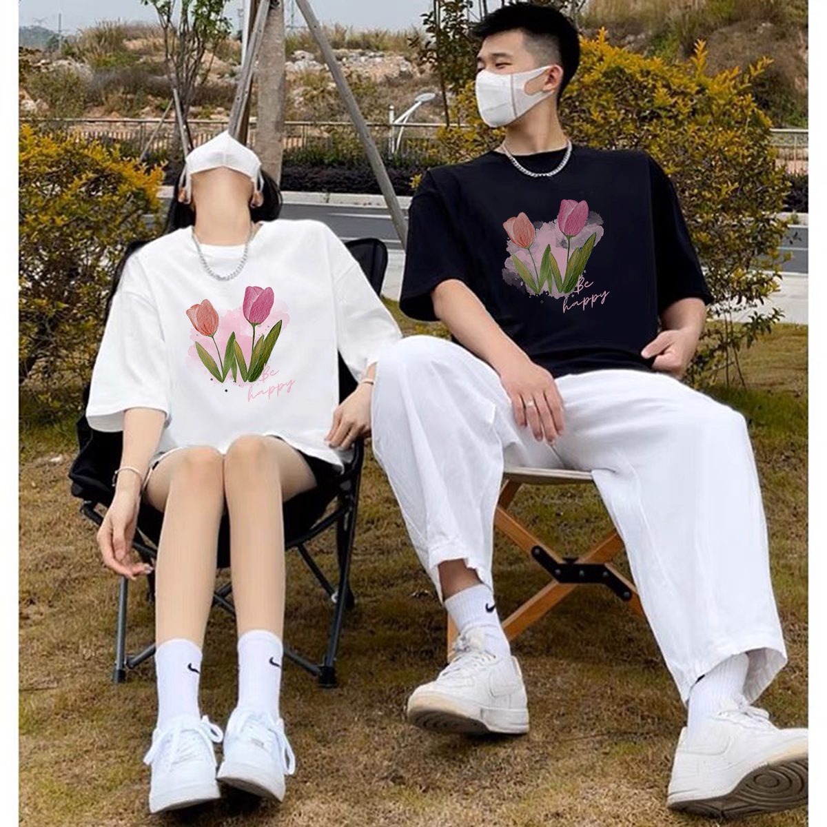 Áo thun unisex form rộng basic tee tay lỡ dành cho nam nữ in hoa TuLip Be Happy xinh