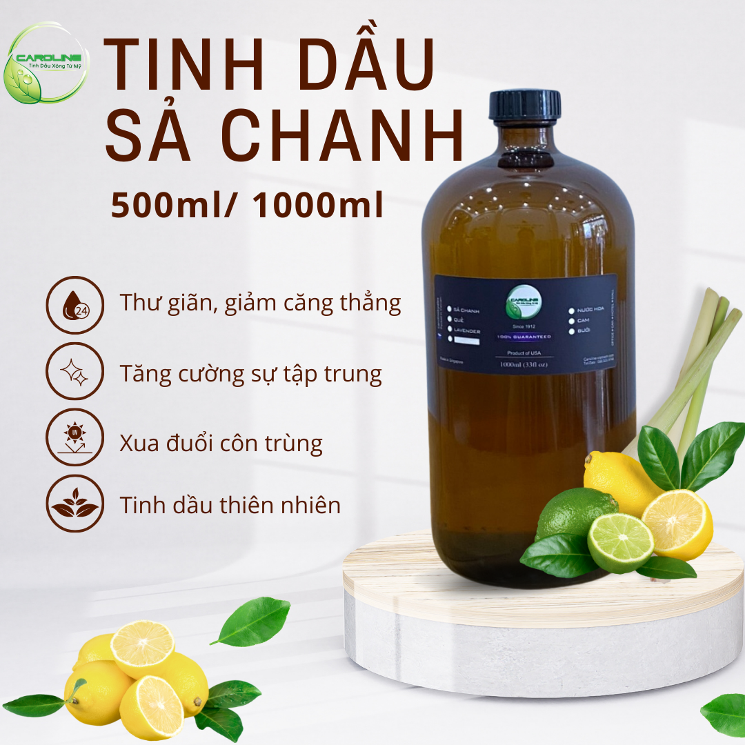 Tinh dầu hương Sả Chanh CAROLINE 500ml/1000ml Tinh dầu giúp làm thơm xông phòng, khử mùi - Cam kết chính hãng