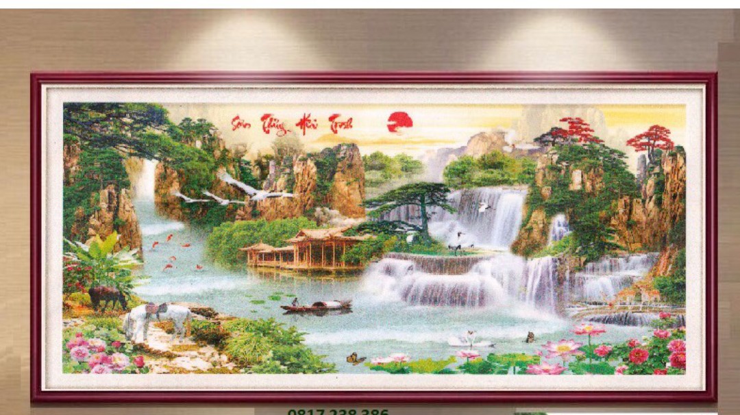 [ Rẻ sập sàn ] Tranh thêu 3D Lưu thủy sinh tài kích thước 1m2, 1m6, 2m