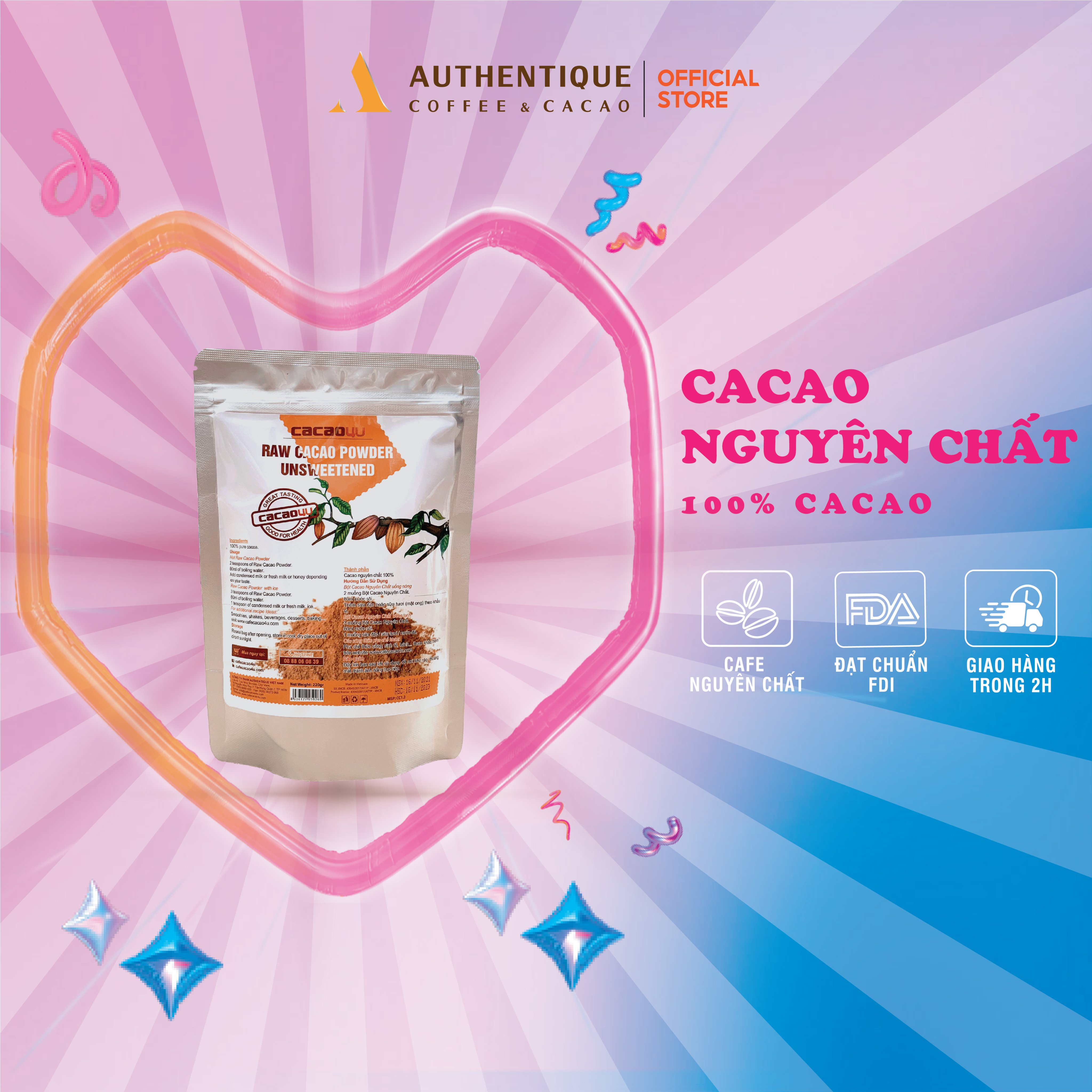 Bột Cacao Nguyên chất, không đường Authentique - Túi 220gr - Không đường - Hỗ trợ giả cân | CafeDeli