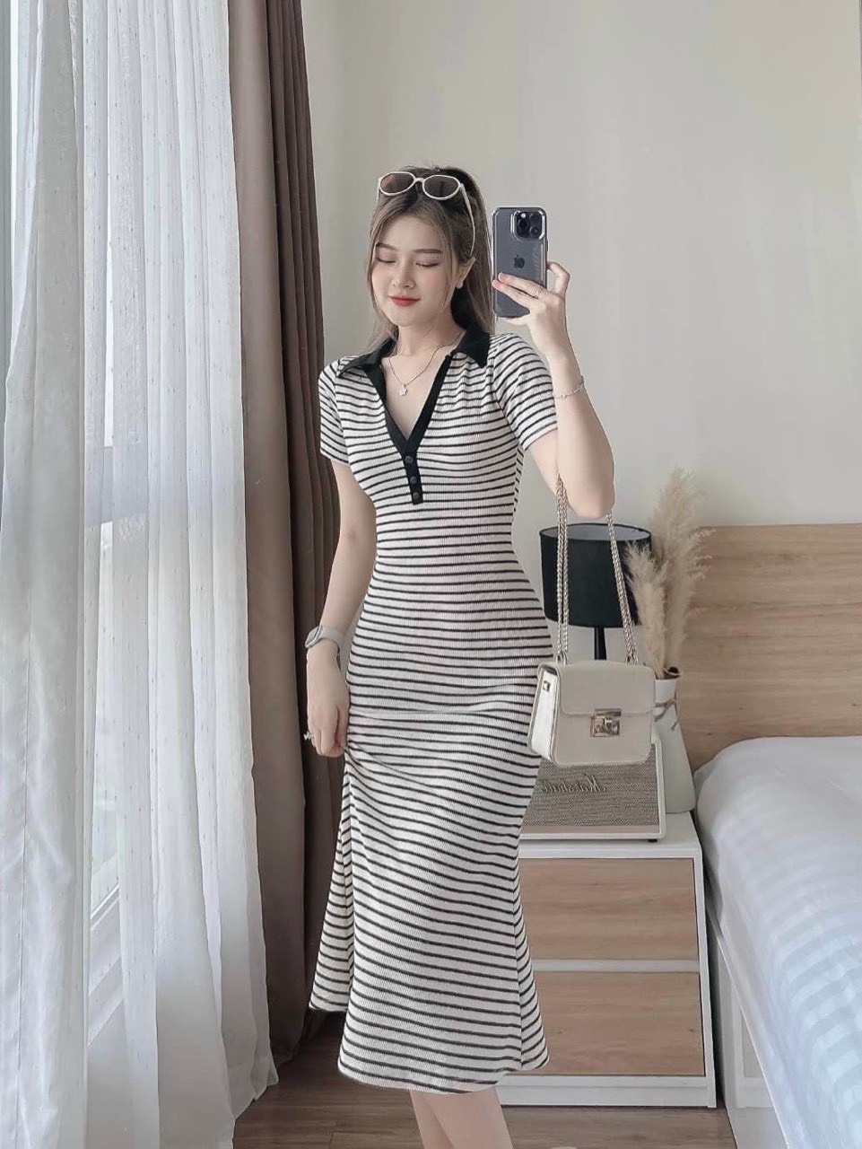 Váy polo ôm body chất thun gân sọc Đầm polo body cổ trụ dài viền phối màu Váy đầm nữ sọc thun gân cổ V đính nút phối viền chiết eo tôn dáng