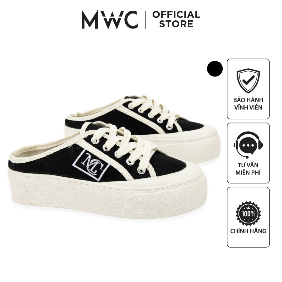 Giày Sục Thể Thao Nữ MWC Da Cao Cấp Đế Độn Thiết Kế Thêu Chữ Năng Động Cá Tính Màu Đen NUTT- 0609
