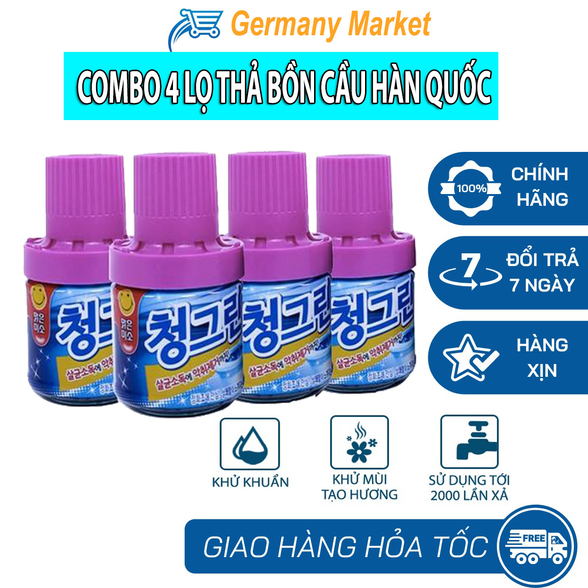 4 Chai thả bồn cầu Hàn Quốc khử mùi và diệt khuẩn hương thơm the mát, sử dụng 2000 - 2500 lần xả