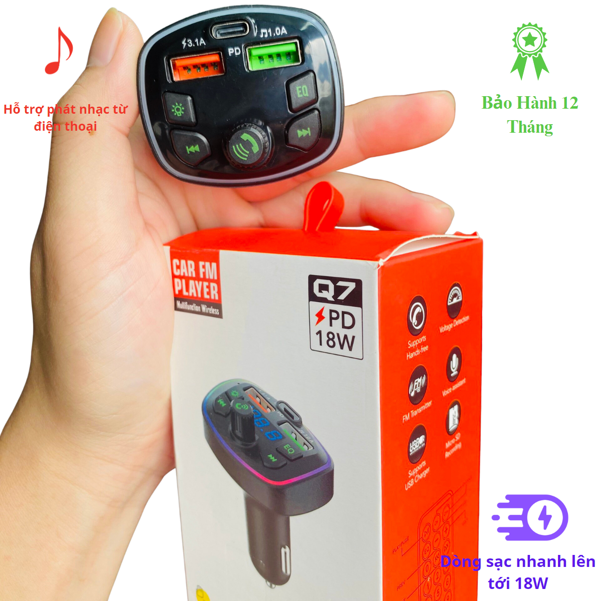 Tẩu sạc nhanh hỗ trợ nghe nhạc cho xe Ô tô - Kết nói với đài FM và BlueTooth 5.0 Trong xe hơi