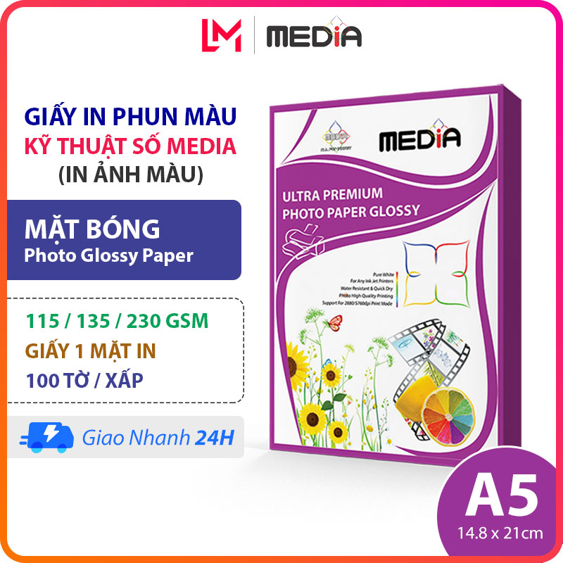 Giấy In Ảnh Media A5 Bóng 1 Mặt In 115/135/230gsm 100 Tờ, Giấy Ảnh Glossy Photo Paper 15x21, Giấy In