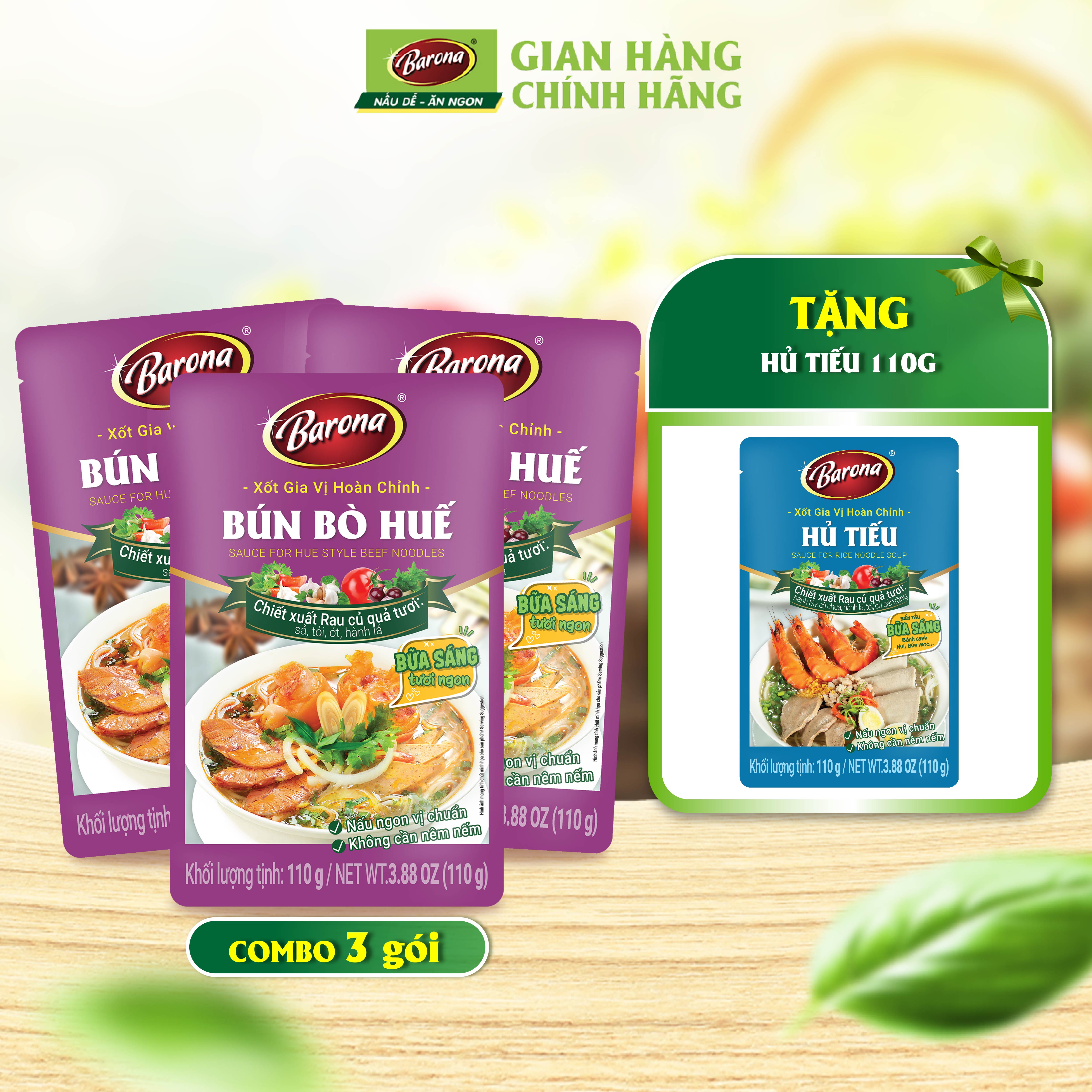 Combo 3 gói Gia Vị Bún Bò Huế Barona 110g [TẶNG  1 gói Gia Vị Hủ Tiếu Barona 110g]