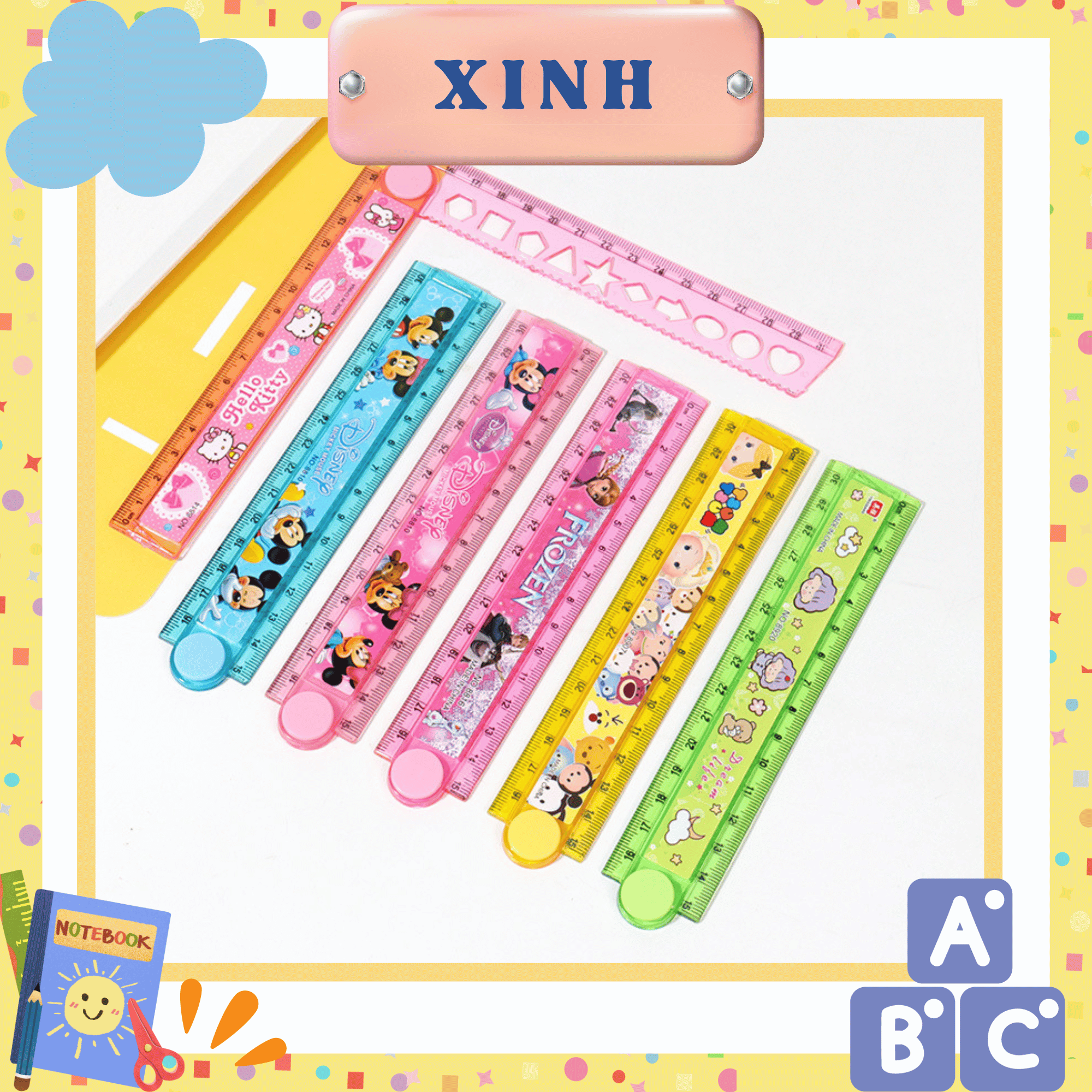 Thước kẻ nhựa học sinh gấp gọn 30cm nhiều màu xanh, vàng, hồng mẫu doremon, kitty,..hoạt hình cute đáng yêu