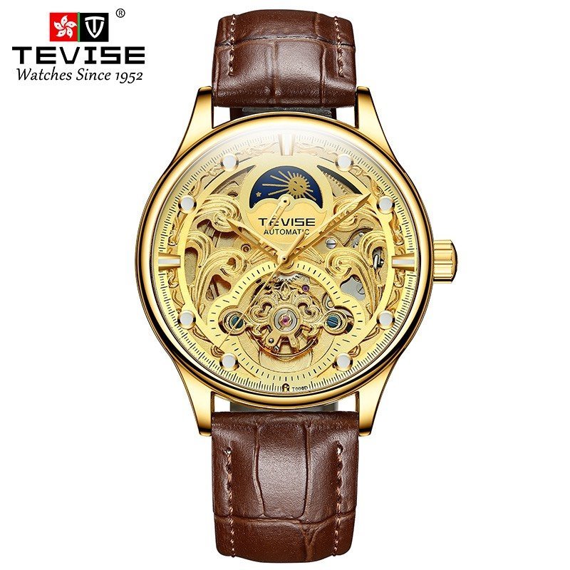 Đồng Hồ Nam Máy Cơ Tevise T 820B Dây Da Cao Cấp Mặt Kính Sapphire Chống Xước, Chống Nước Chạy Full Kim Automatic  Bảo Hành 3 Năm