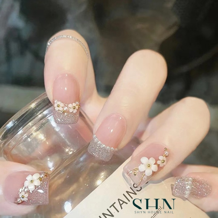 Bộ 24 móng tay giả đính hoa trà DZ111, Nail box đính đá, Móng giả dài vuông, nail xinh