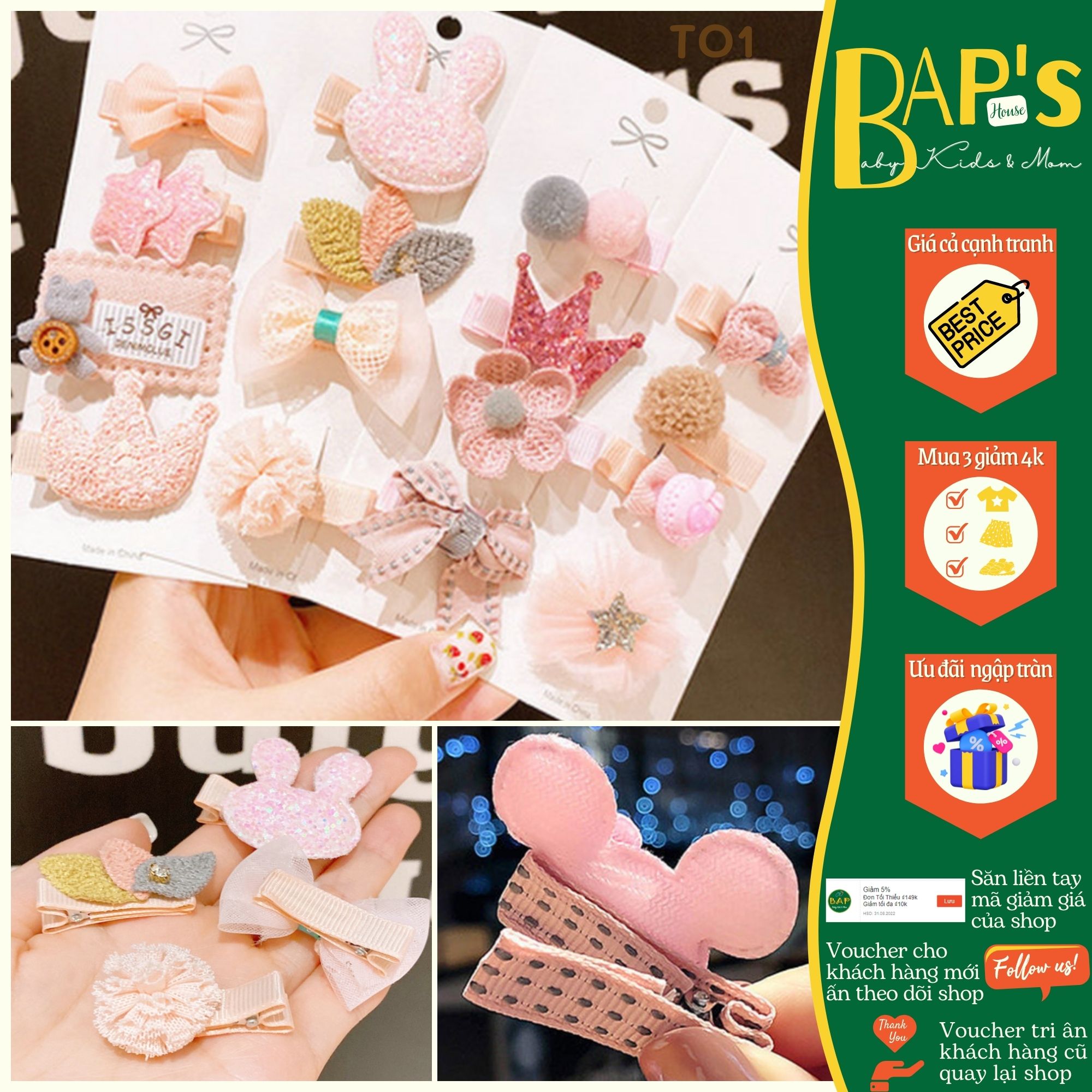 Set kẹp tóc hàn quốc cho bé gái , kẹp tóc trẻ em tông hồng dễ thương nhiều mẫu lựa chọn bap's house to1