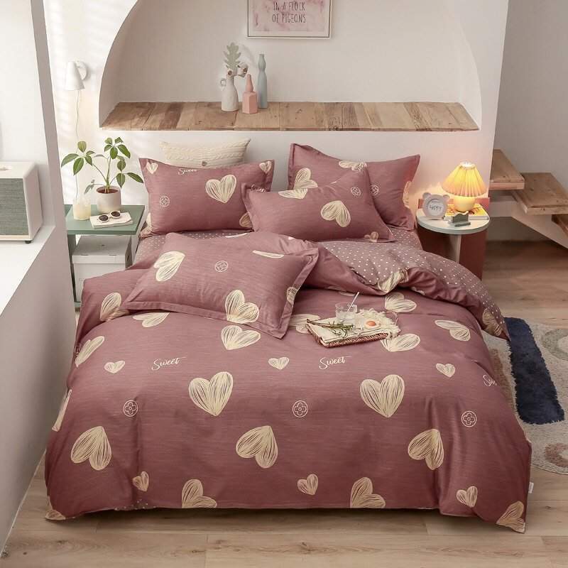 Bộ Chăn Ga Gối Poly Nhập 4 món, mẫu tim nền hồng