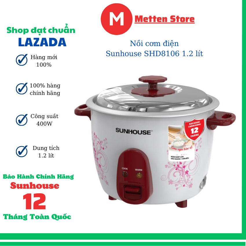  Nồi cơm điện Sunhouse SHD8106 1,2 lít  nồi cơm điện nắp rời lòng nồi nhôm anod cao cấp 400W  bảo hành 12 tháng toàn quốc 