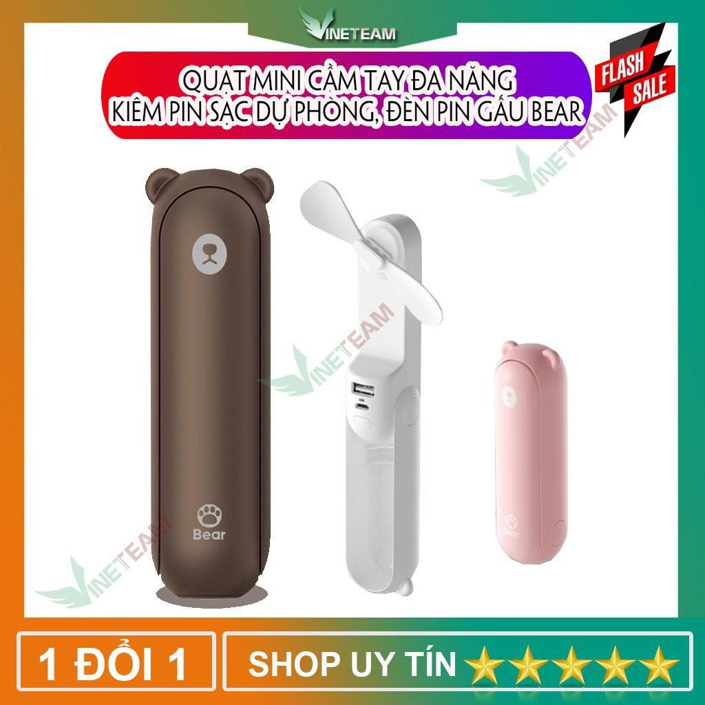 Quạt Mini Cầm Tay Đa Năng Kiêm Pin Sạc Dự Phòng Đèn Pin Gấu Bear -Dc4036