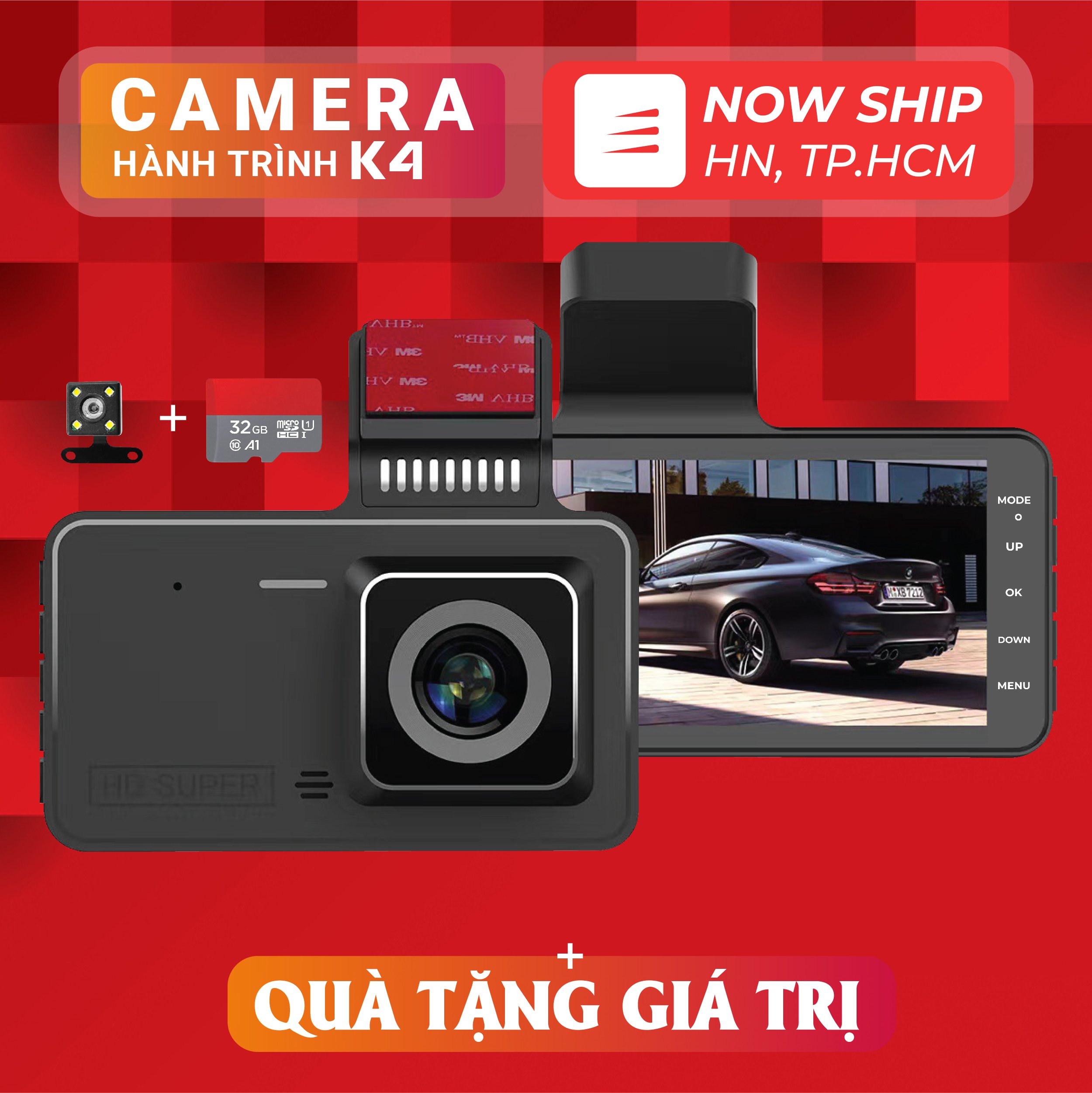 Camera hành trình K4 cảm ứng 4 inch Full HD siêu nét Cảnh báo va chạm phía trước Chống Rung tự động Bảo Hành 12 tháng lỗi 1 đổi 1