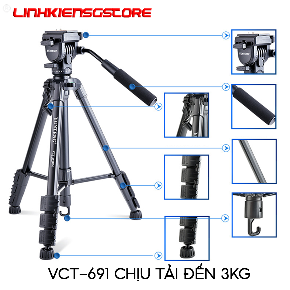 Chân máy ảnh Tripod Yunteng VCT-691 chất liệu nhôm chịu tải tốt đầu xoay 360